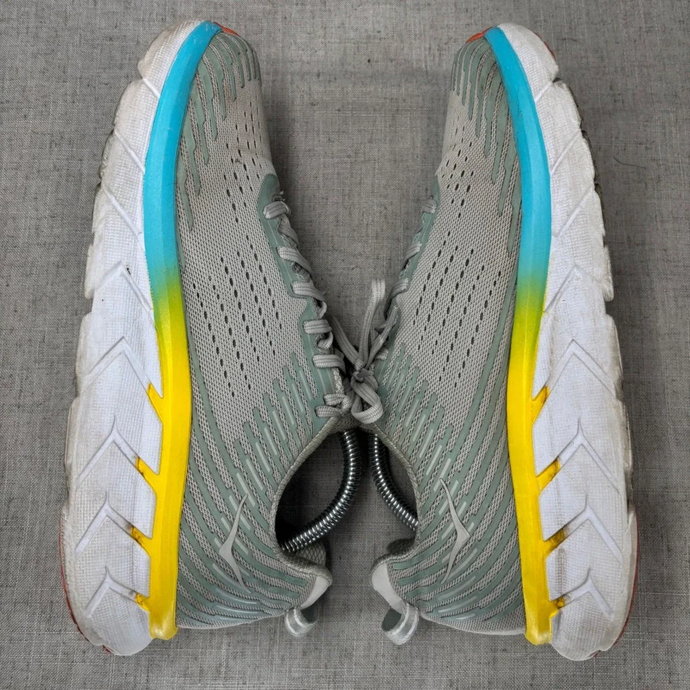 Hoka One One Clifton 5 Gray Yellow Blue Running Shoes Sneakers Women's Size 10.5